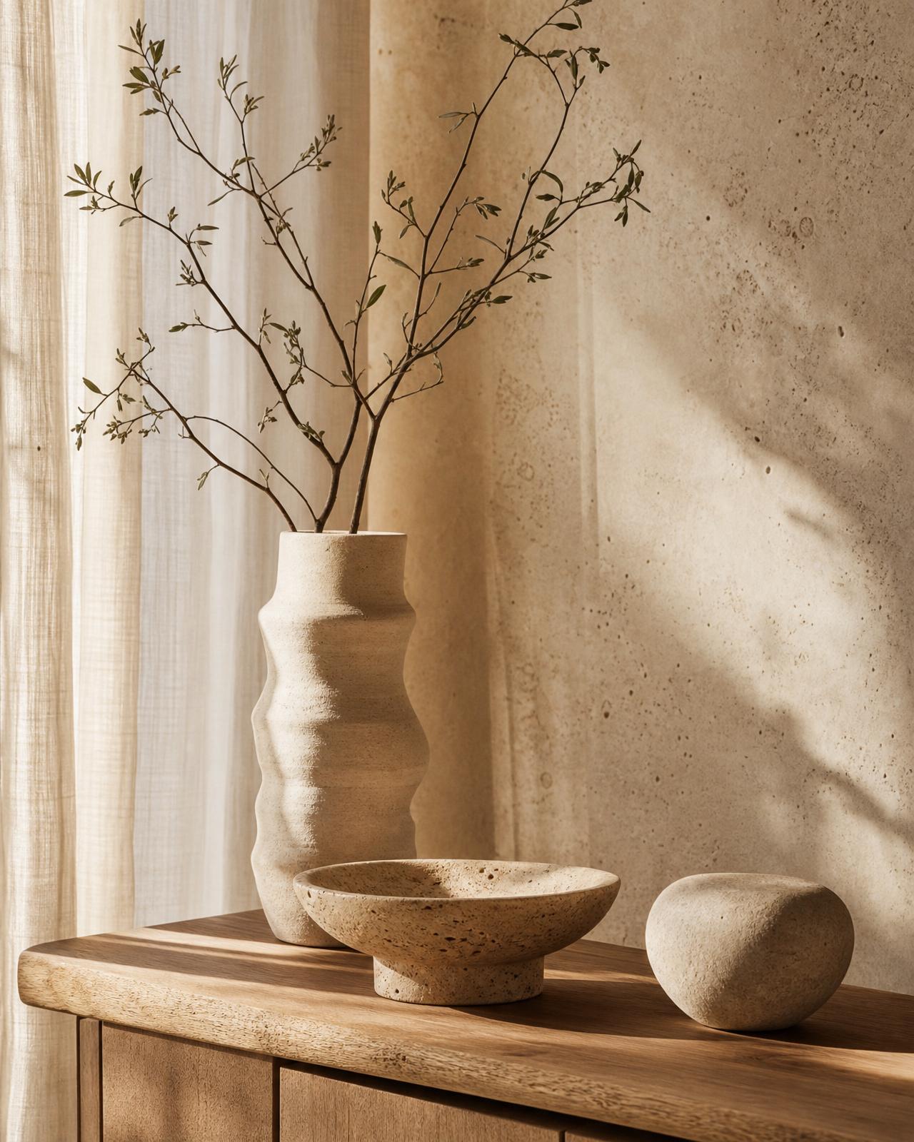 A curated vignette of ceramics and natural objects in sunlit light